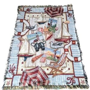 Nautical Woven Tapestry Blanket Throw Beach Vacation Cottage Cabin Hamptons